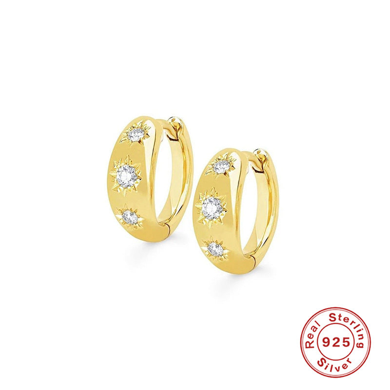 S925 Sterling Silver Octagonal Star Textured Hoop Earrings with Zirconia Inlay