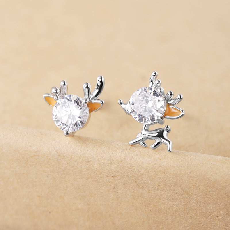 S925 Sterling Silver Asymmetrical Reindeer Christmas Stud Earrings