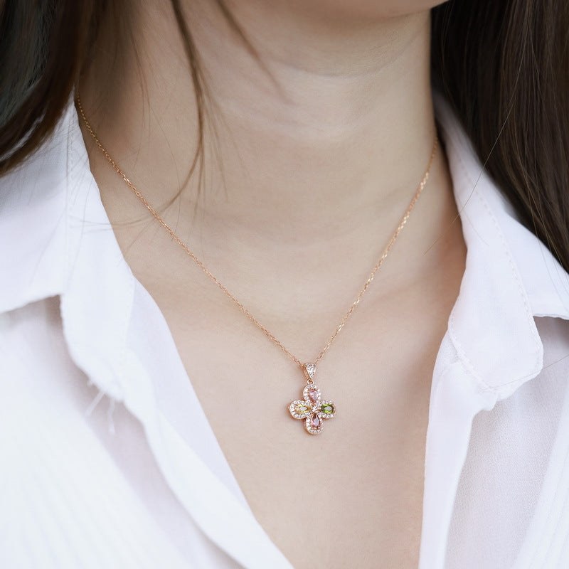 S925 Sterling Silver Four-Leaf Clover Colorful Tourmaline Pendant Necklace