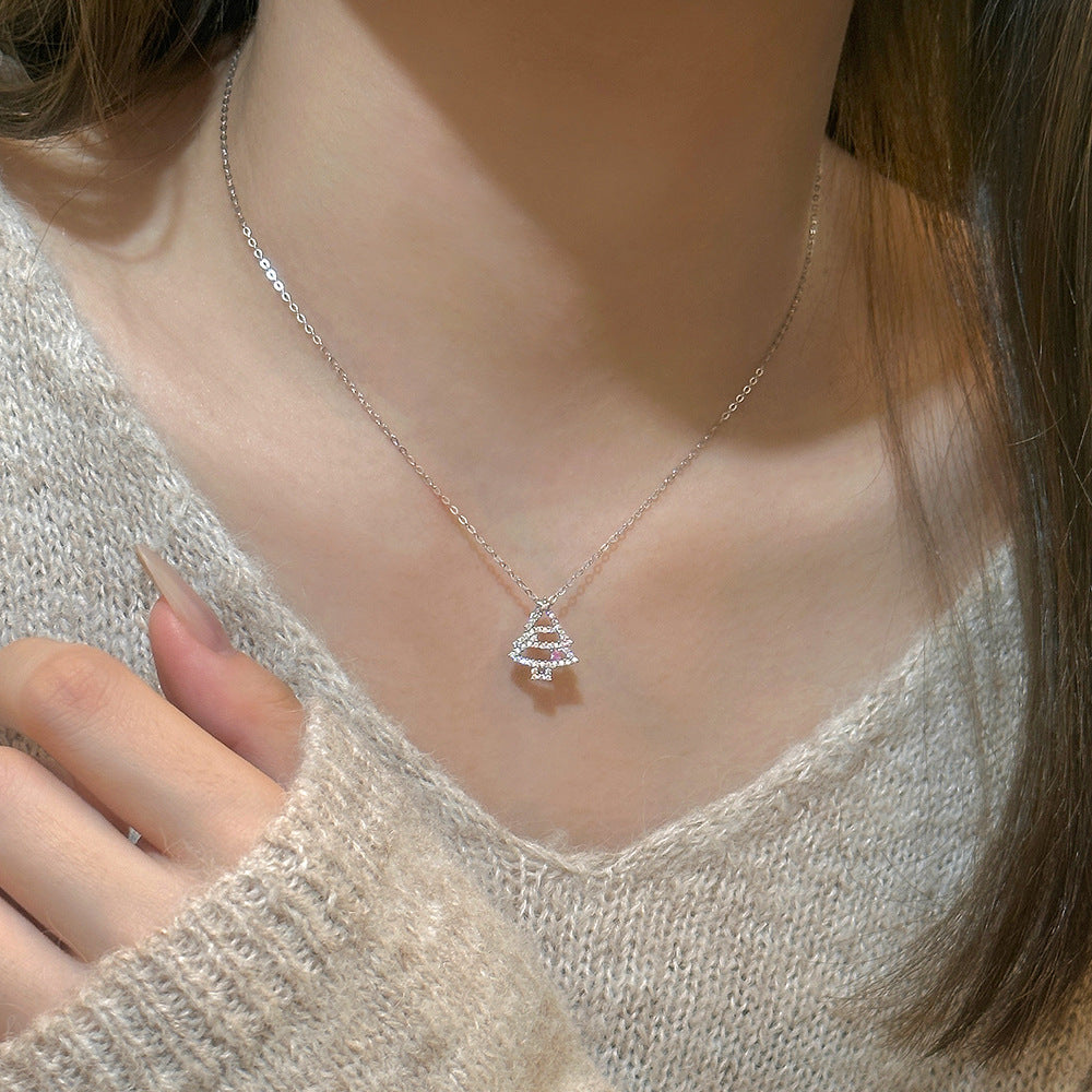 S925 Sterling Silver Christmas Tree Zircon Collarbone Necklace
