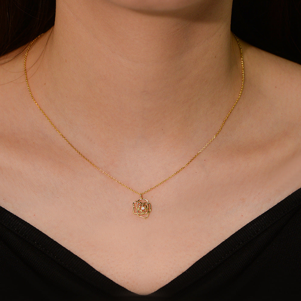 S925 Sterling Silver Retro Hollow Rose Zircon Necklace
