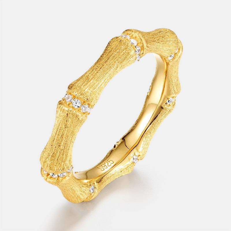 S925 Sterling Silver Gold-Plated Bamboo-Shaped Zircon Pile Diamond Ring