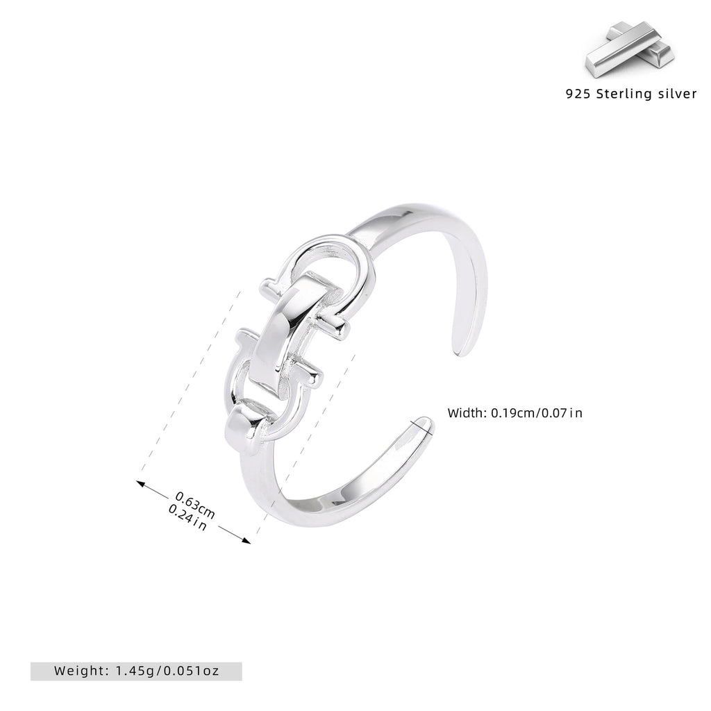 S925 Sterling Silver Trendy Leather Buckle Double D Opening Ring