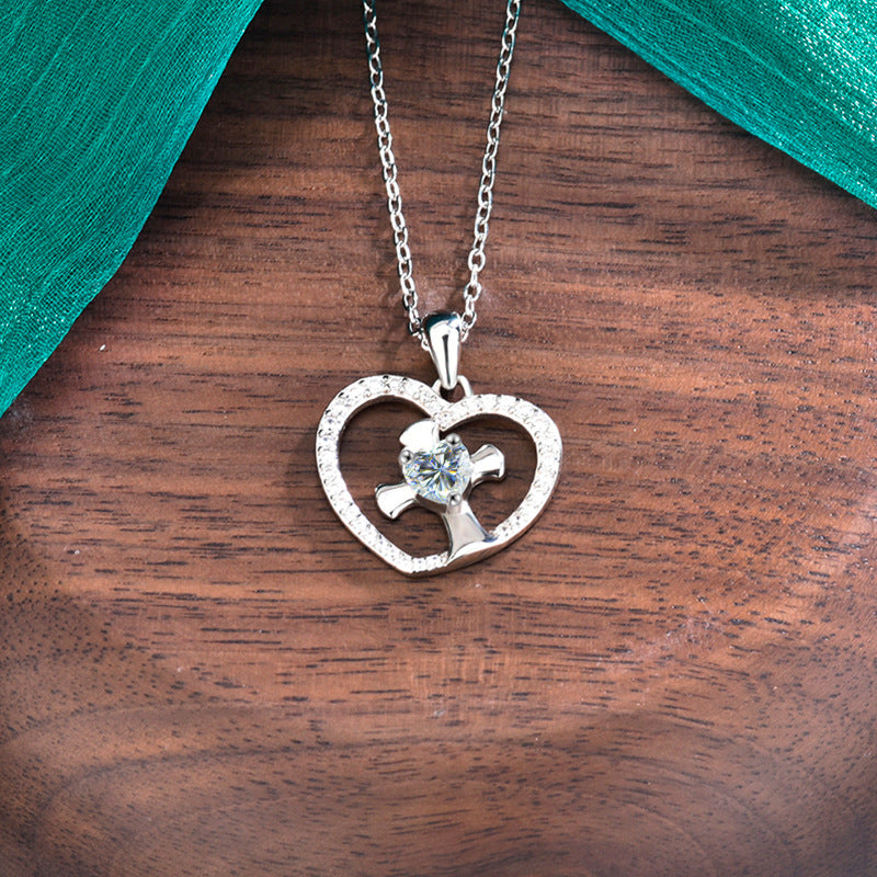 S925 Sterling Silver Moissanite Heart-Shaped Cross Necklace