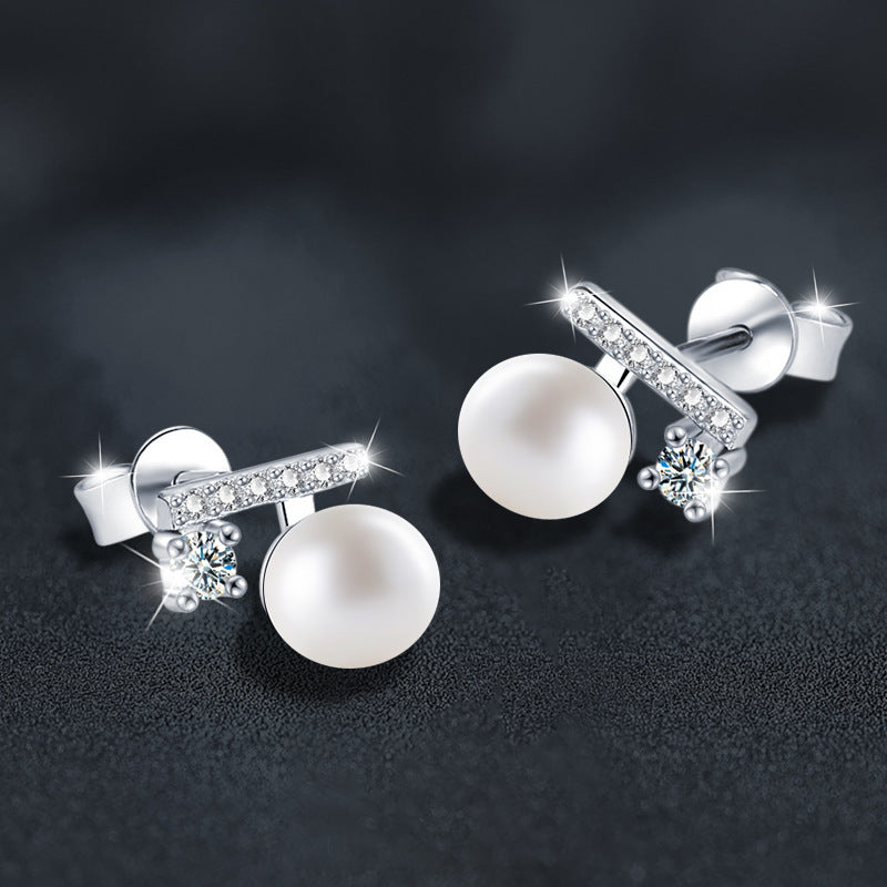 925 Sterling Silver "Balance Beam" Earrings featuring Natural Freshwater Pearls and Moissanite
