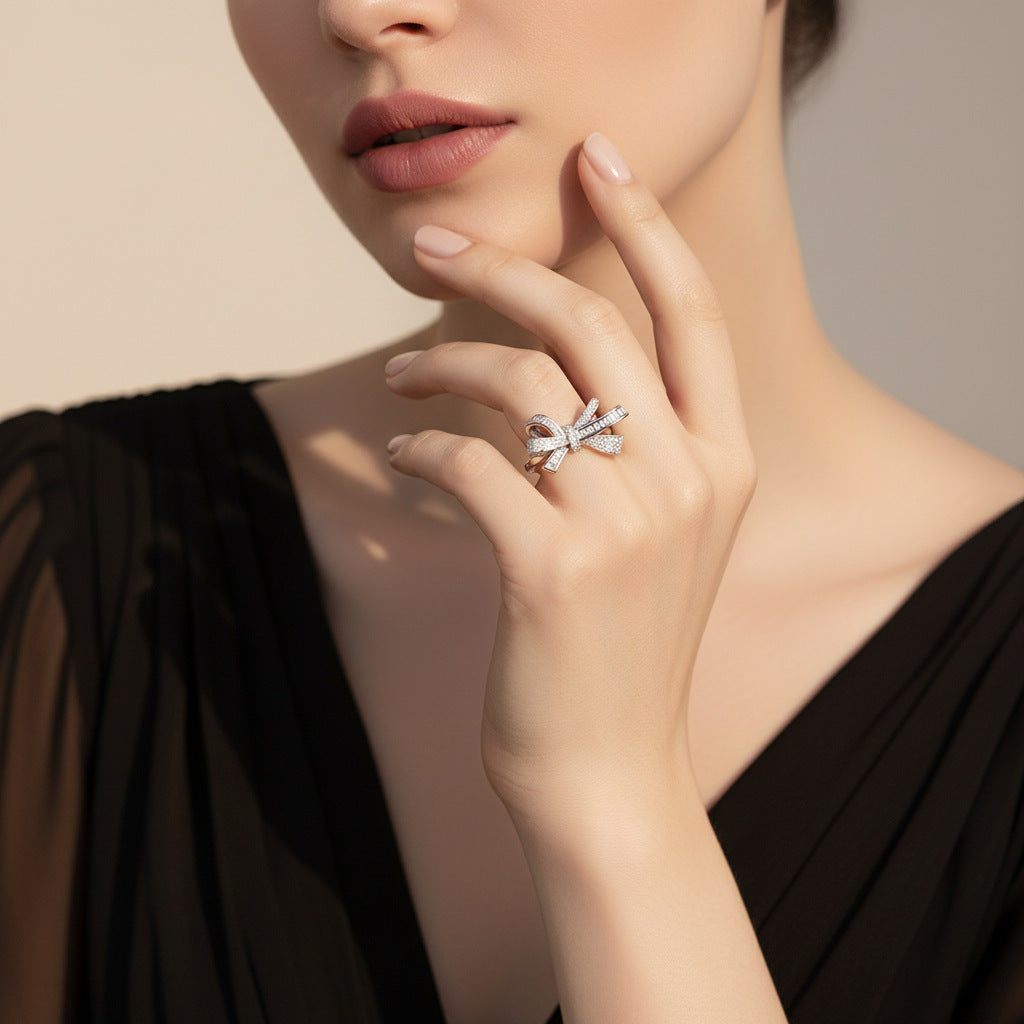 S925 Silver Bow-knot T-Square Moissanite Ring