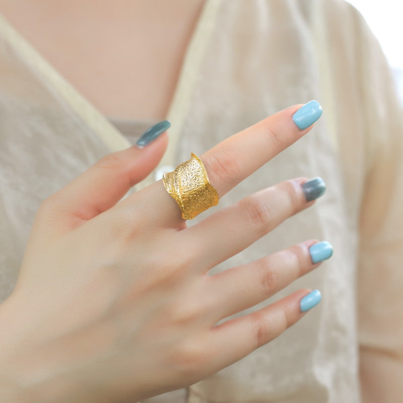 S925 Sterling Silver Gold Plated Brushed Pleated Ring