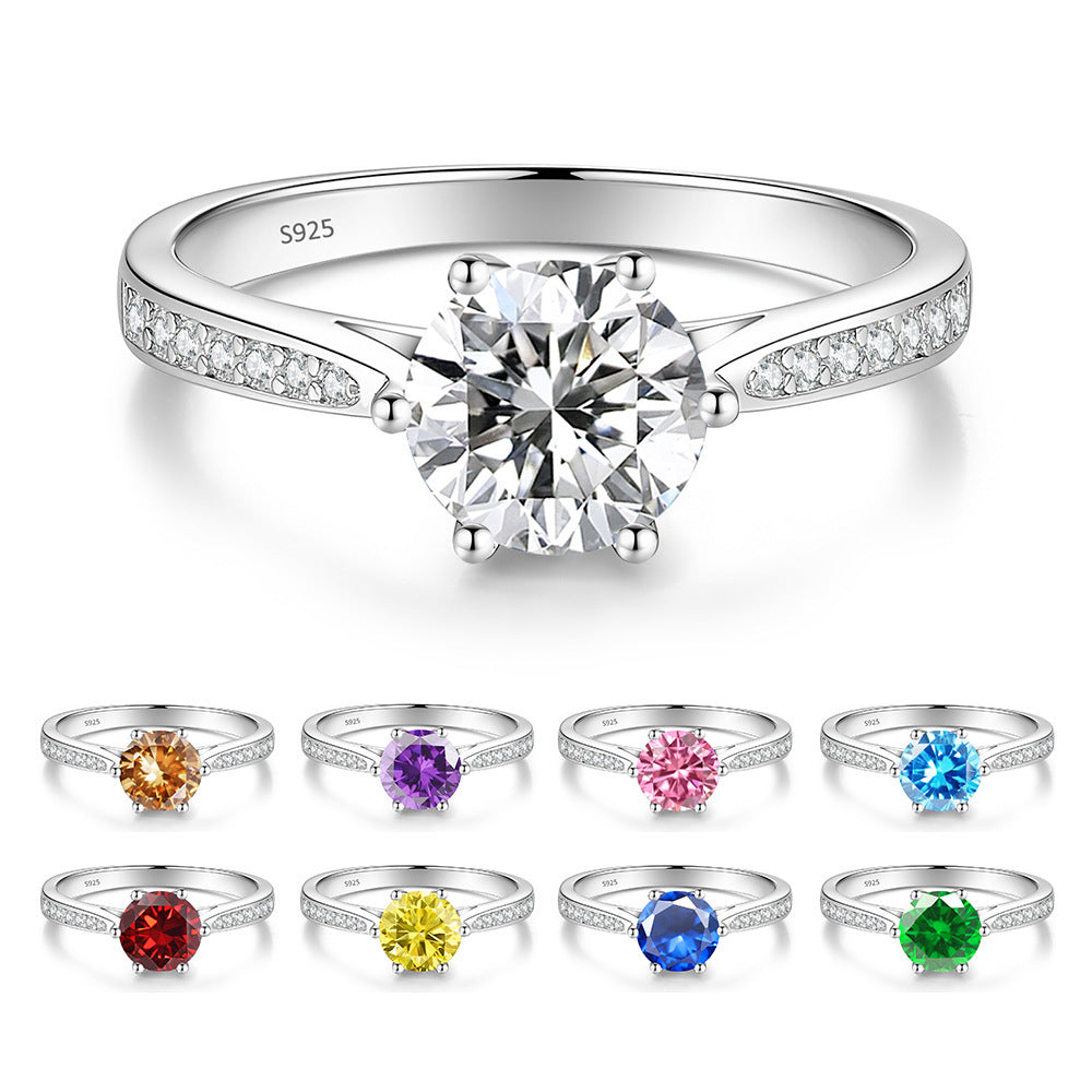 S925 Sterling Silver Six-Prong Round Colored Moissanite Ring