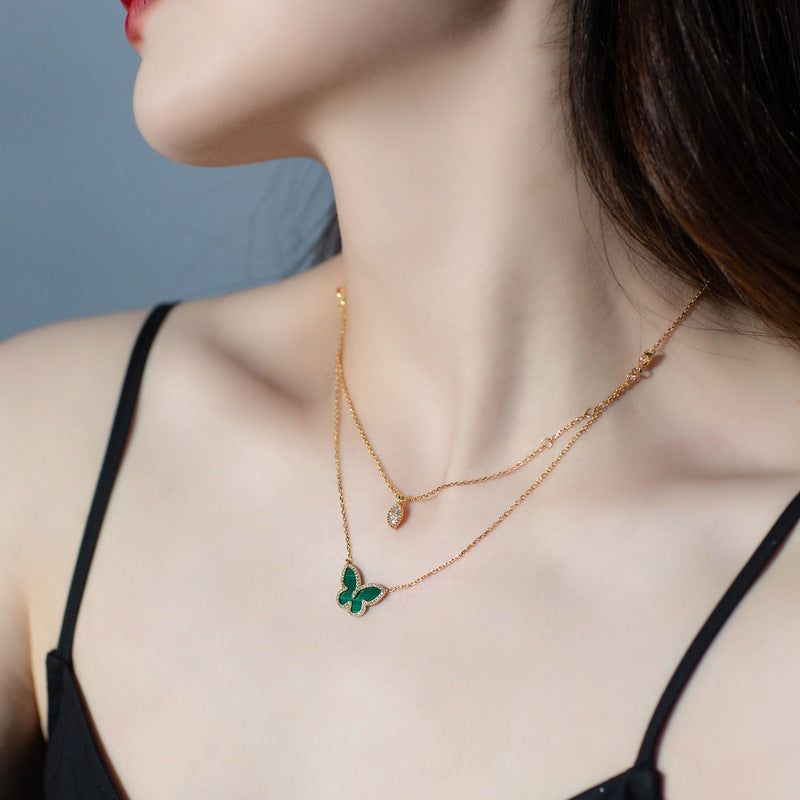 S925 Sterling Silver 10K Gold Green Malachite Butterfly Double Chain Necklace