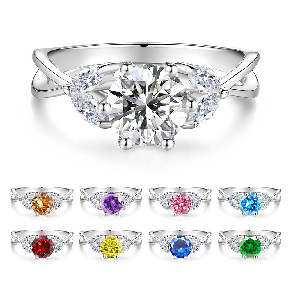 S925 Sterling Silver Six-Prong Round Colored Moissanite Ring