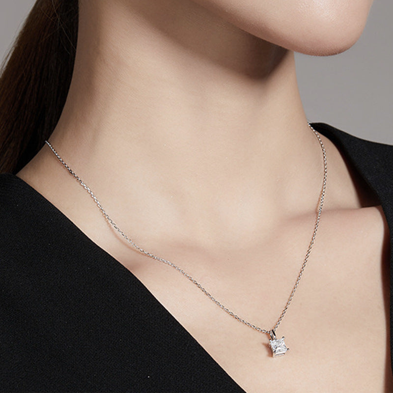 S925 Sterling Silver Moissanite Princess Square Simple Pendant Necklace