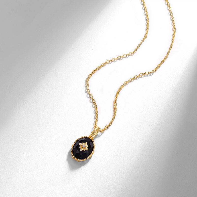S925 Sterling Silver Gold-Plated Flowers Black Agate Pendant Necklace