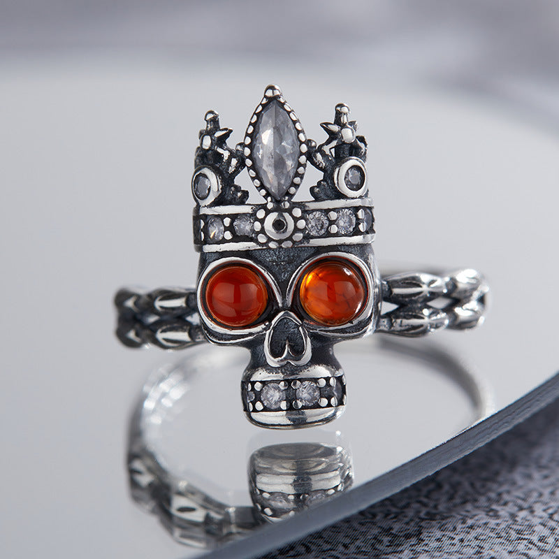 S925 Sterling Silver Distressed Crown Skull Halloween Ring