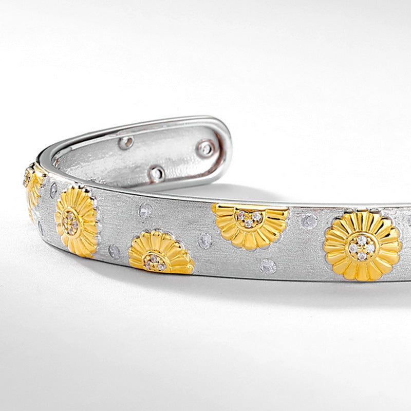 S925 Sterling Silver Daisy Zircon Inlaid Bangle