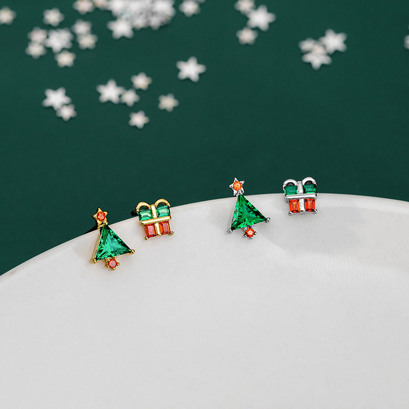 S925 Sterling Silver Asymmetrical Christmas Tree and Gift Earrings