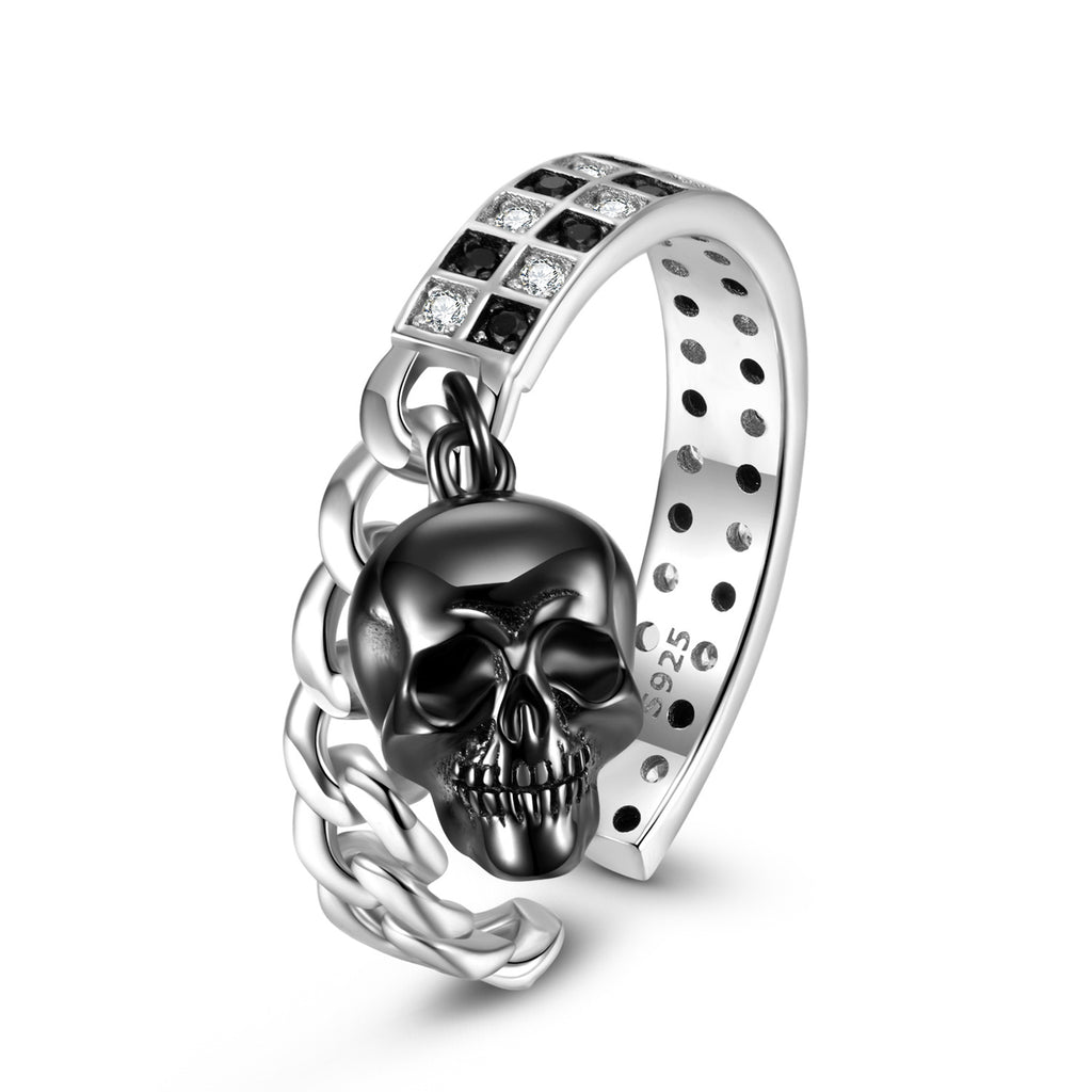 S925 Sterling Silver Halloween Black and White Mosaic Skull Open Ring