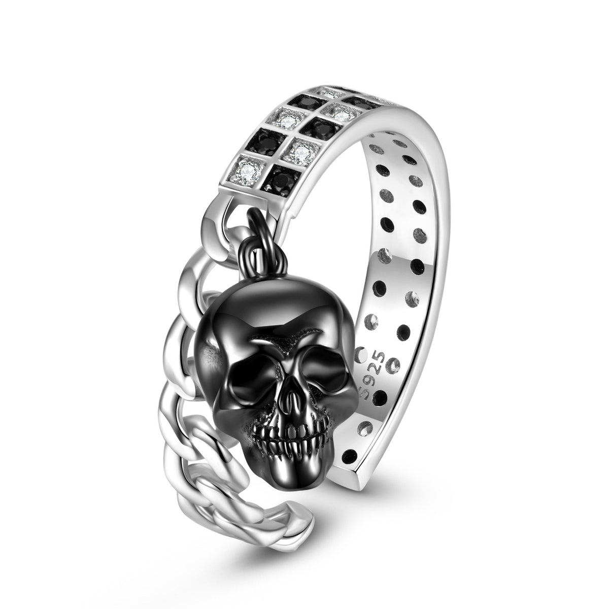 S925 Sterling Silver Halloween Black and White Mosaic Skull Open Ring