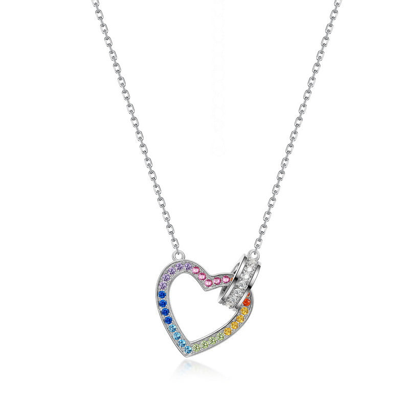 S925 Sterling Silver Full Rainbow Zircon Inlaid Heart-Shaped Necklace