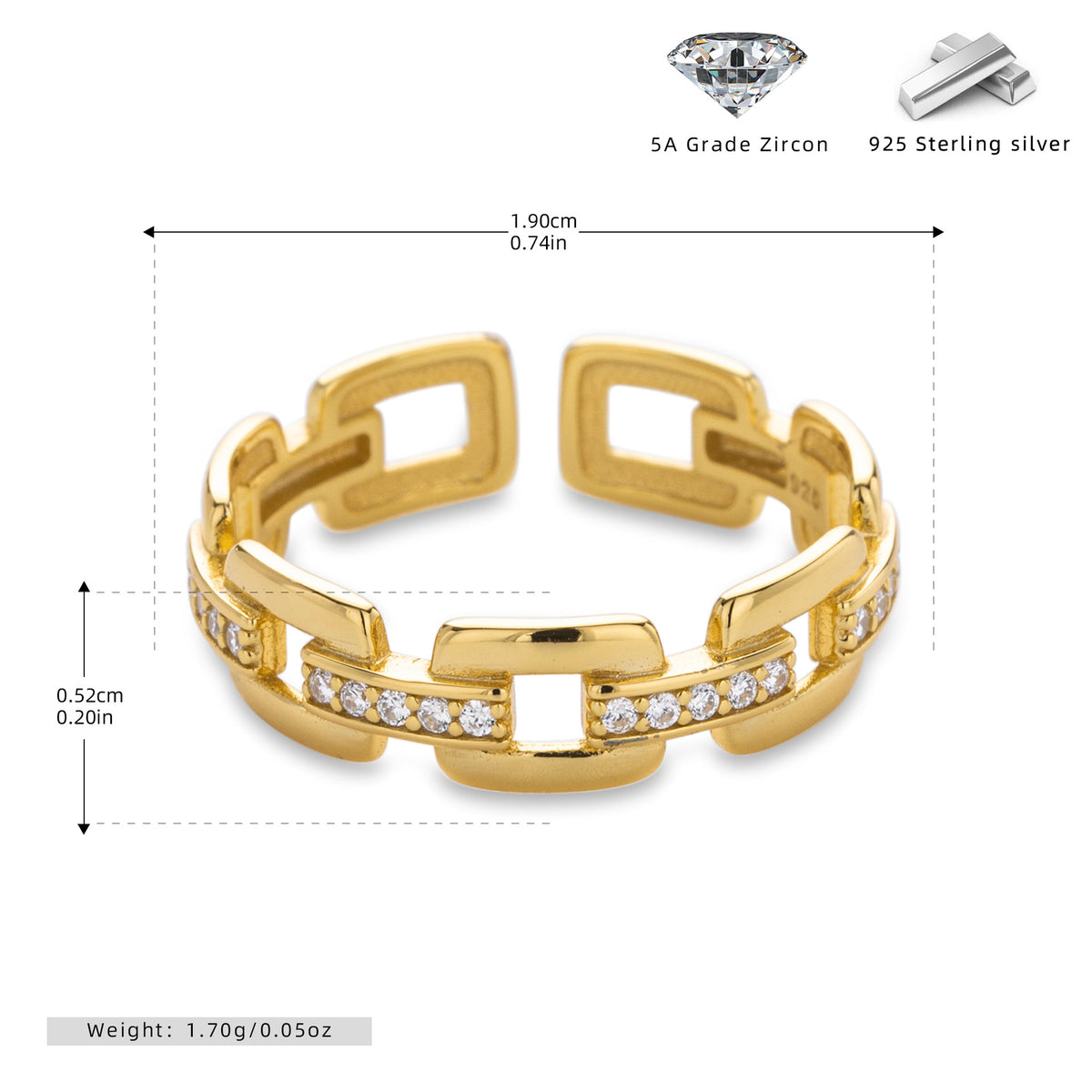 S925 Sterling Silver Ring with Zirconia Chain