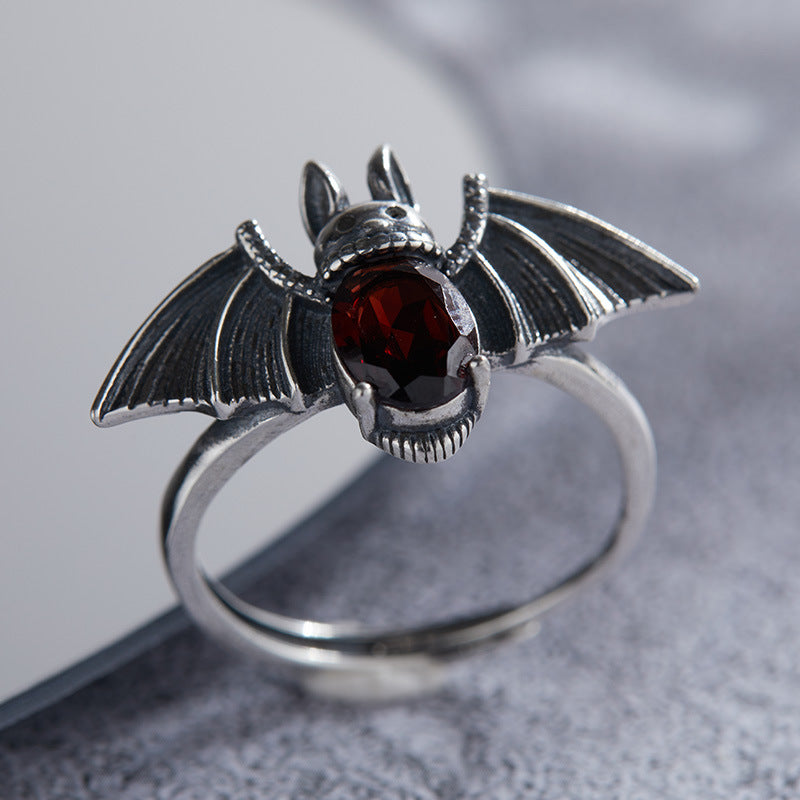 S925 Sterling Silver Halloween Garnet Bat Open Ring