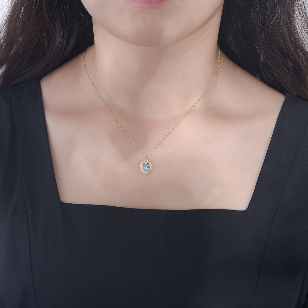 S925 Sterling Silver Simple Geometric Retro Natural Sky Blue Topaz Necklace