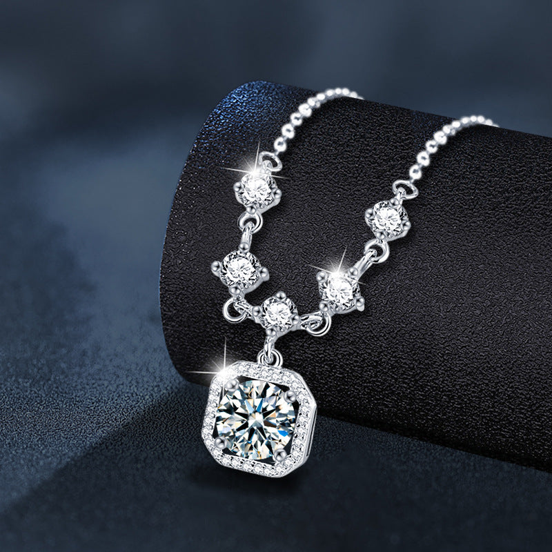 S925 Sterling Silver Moissanite Square Pendant Tassel Necklace
