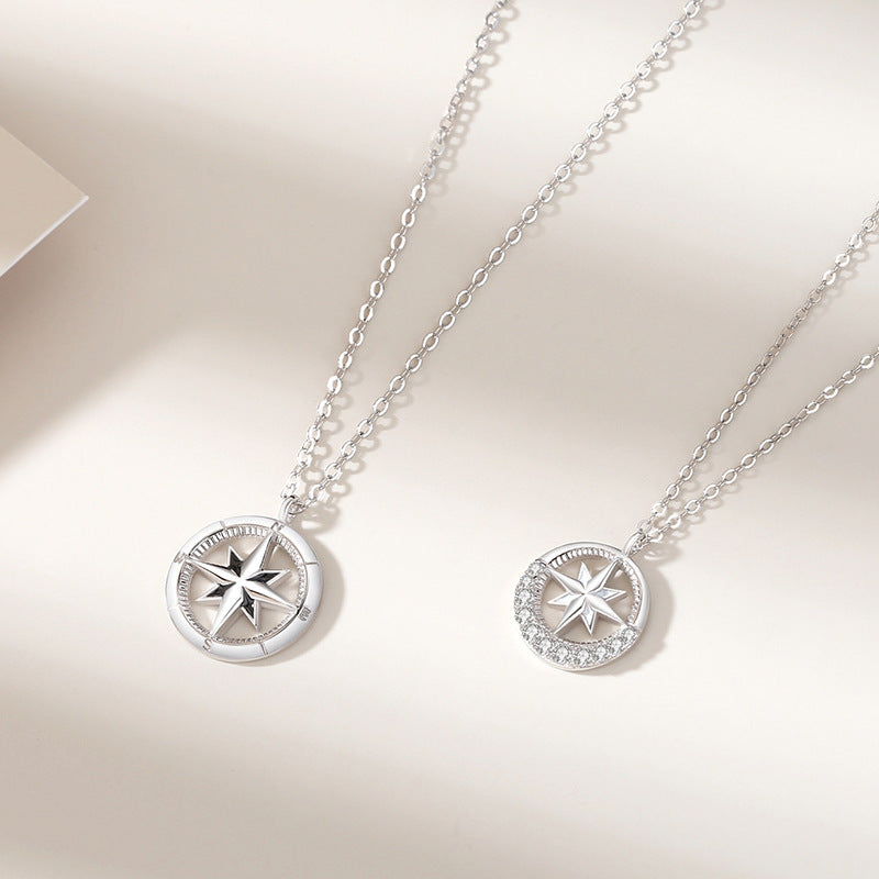 S925 Sterling Silver Halloween Geometric Cross Necklace with Octagram Compass Design