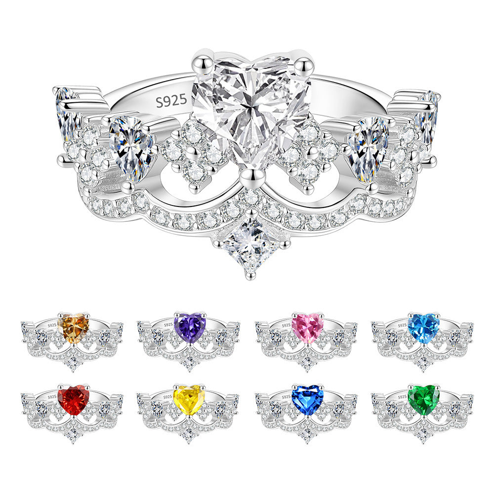 S925 Silver Heart and Crown Ring with Colorful Moissanite