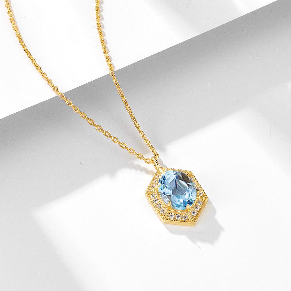 S925 Sterling Silver Simple Geometric Retro Natural Sky Blue Topaz Necklace