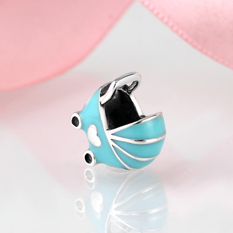 S925 Sterling Silver Sky Blue Baby Stroller Bead Pendant