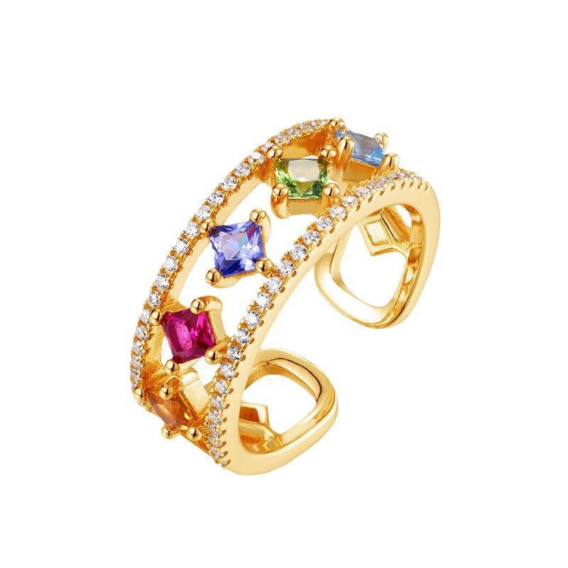 S925 Sterling Silver Gold-Plated Rainbow Zircon Ring