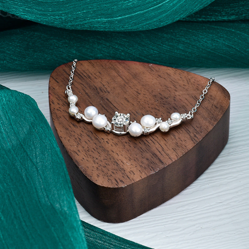 S925 Sterling Silver Natural Freshwater Pearl  Moissanite Pendant Necklace