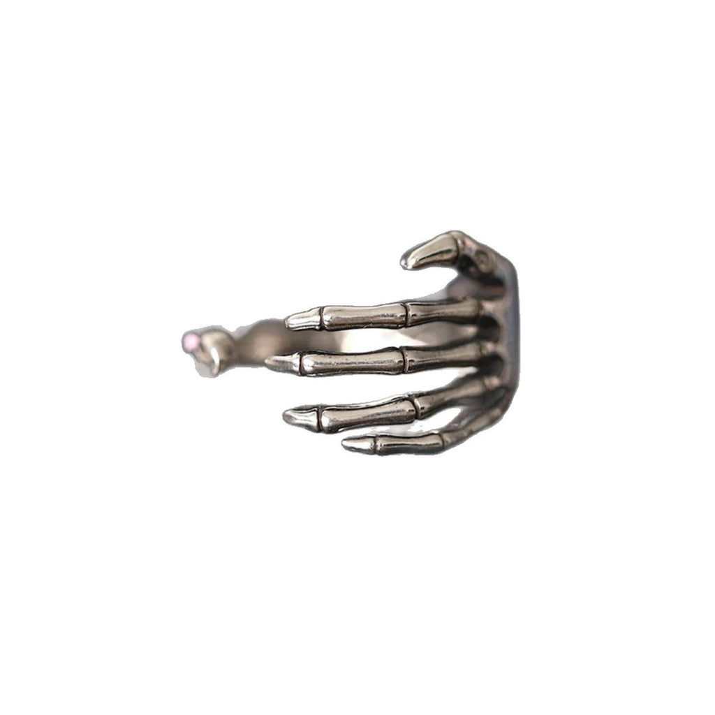 S925 Sterling Silver Antiqued Skull Hand Adjustable Halloween Ring