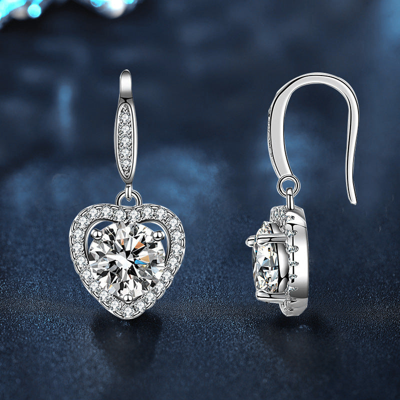 S925 sterling silver heart-shaped earrings with moissanite hooks
