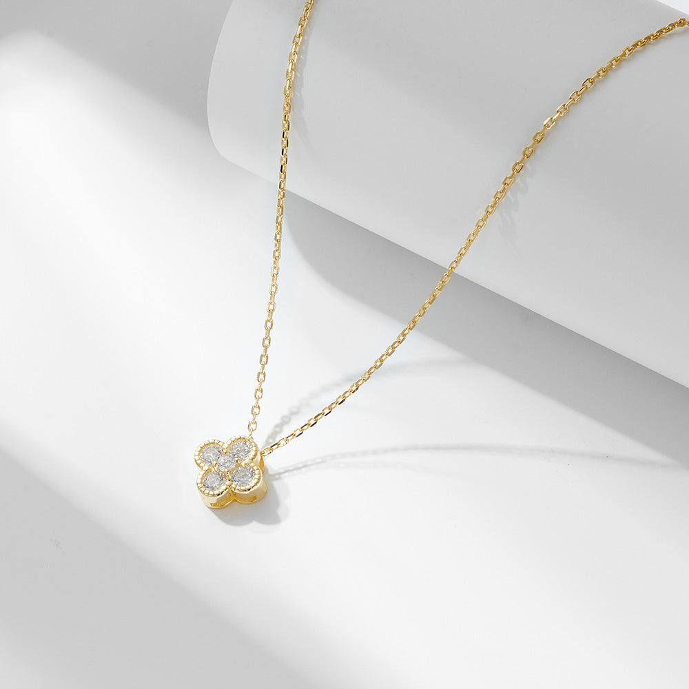 S925 Sterling Silver Zircon Inlaid Four Leaf Clover Necklace