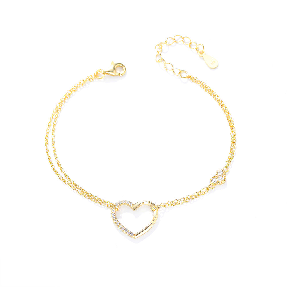 S925 Sterling Silver Zircon Inlaid Heart-Shaped Double-Layer Bracelet