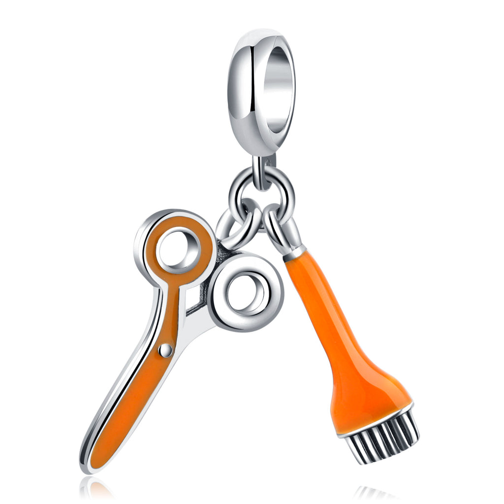 S925 Sterling Silver Orange Creative Scissors Brush Pendant