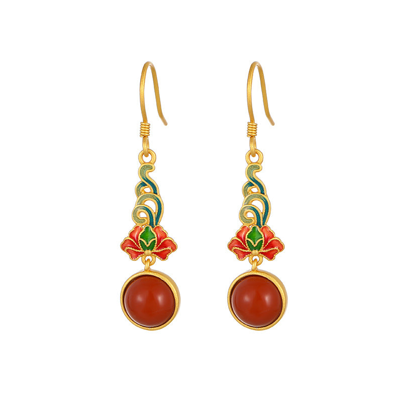 S925 Silver Round Agate Lotus Christmas Earrings