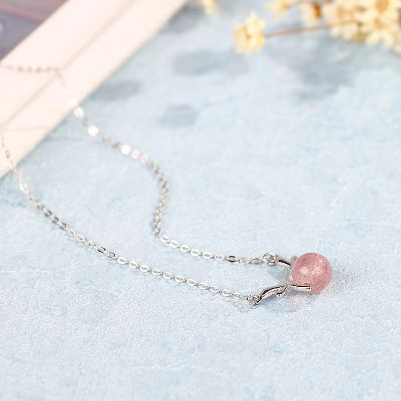 S925 Sterling Silver Christmas Reindeer Strawberry Quartz Necklace