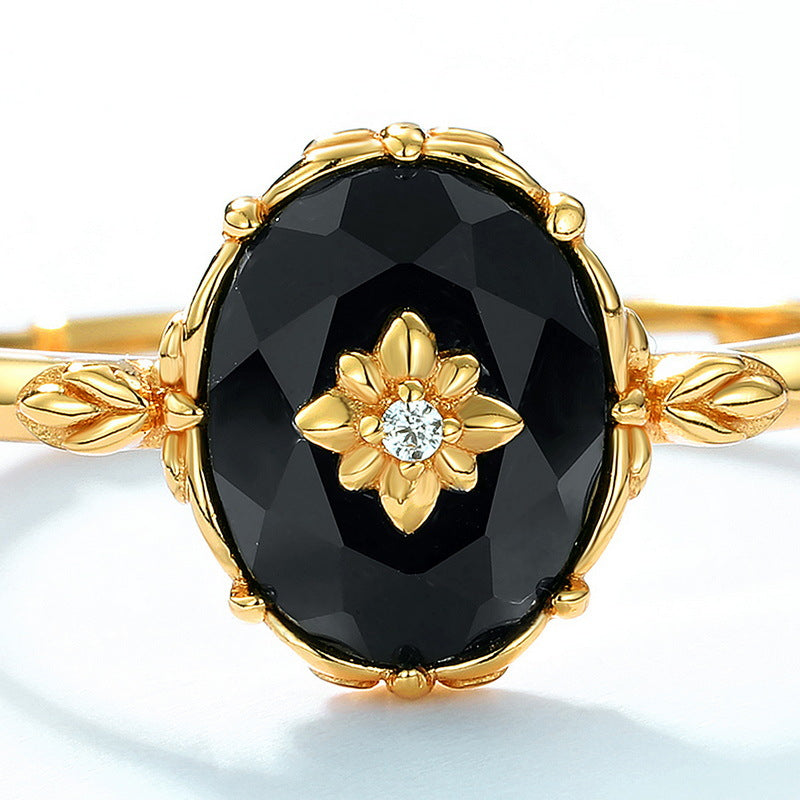 S925 Sterling Silver Gold-Plated Black Onyx Ring