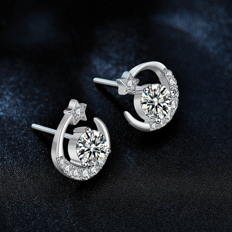 925 Sterling Silver Moissanite Star and Moon Stud Earrings — Exquisite Jewelry