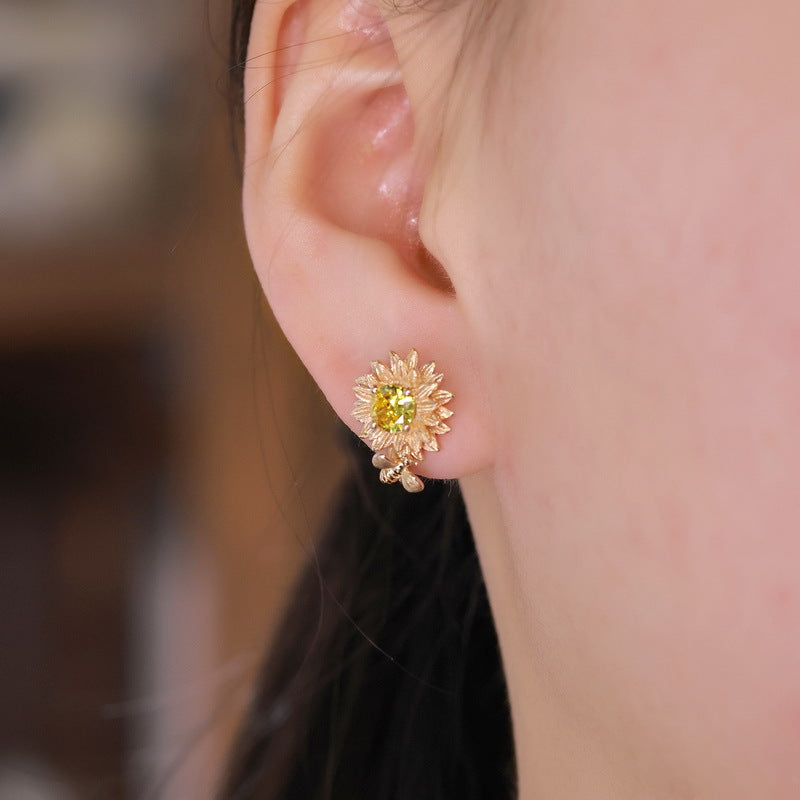 S925 Sterling Silver Gold-plated Sunflower Earrings Set with Yellow Zircon.