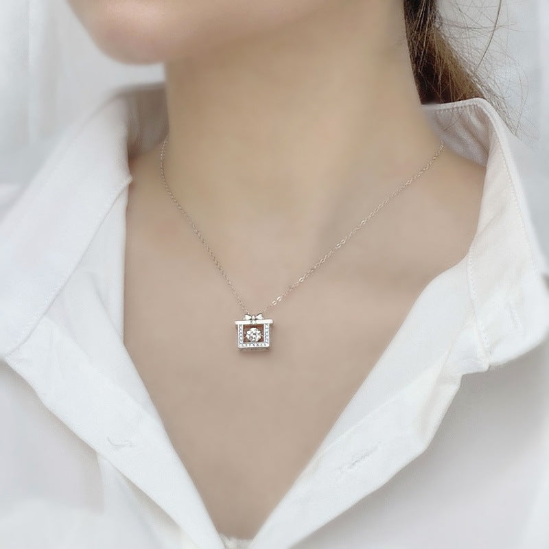 S925 Sterling Silver Moissanite Bow Gift Box Pendant Necklace