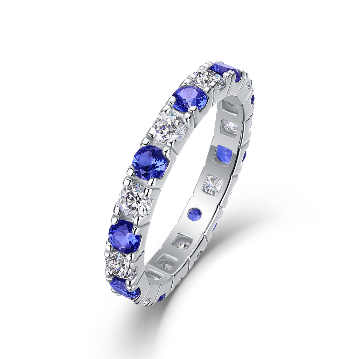 S925 Sterling Silver Ring with Green, Blue, and Red Gemstones and Moissanite