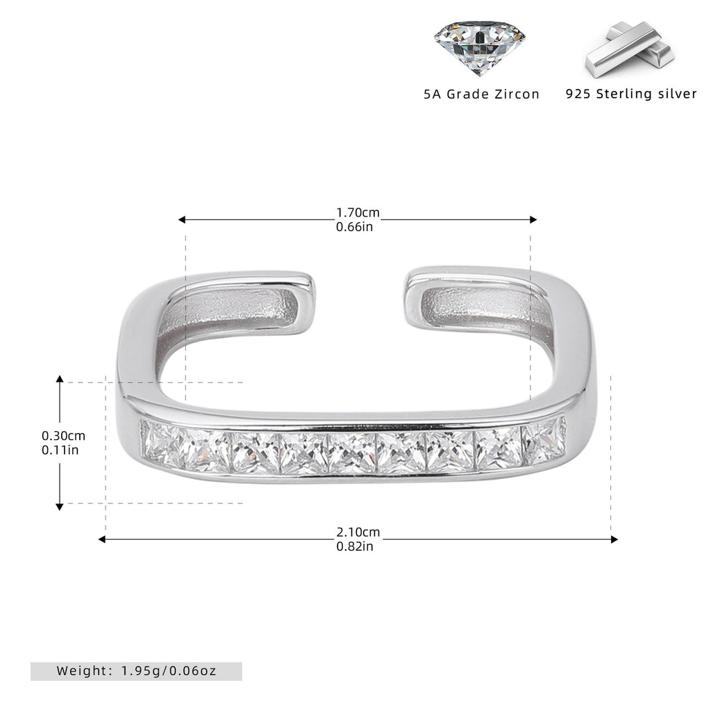 S925 sterling silver exquisite open ring set with square zircon stones