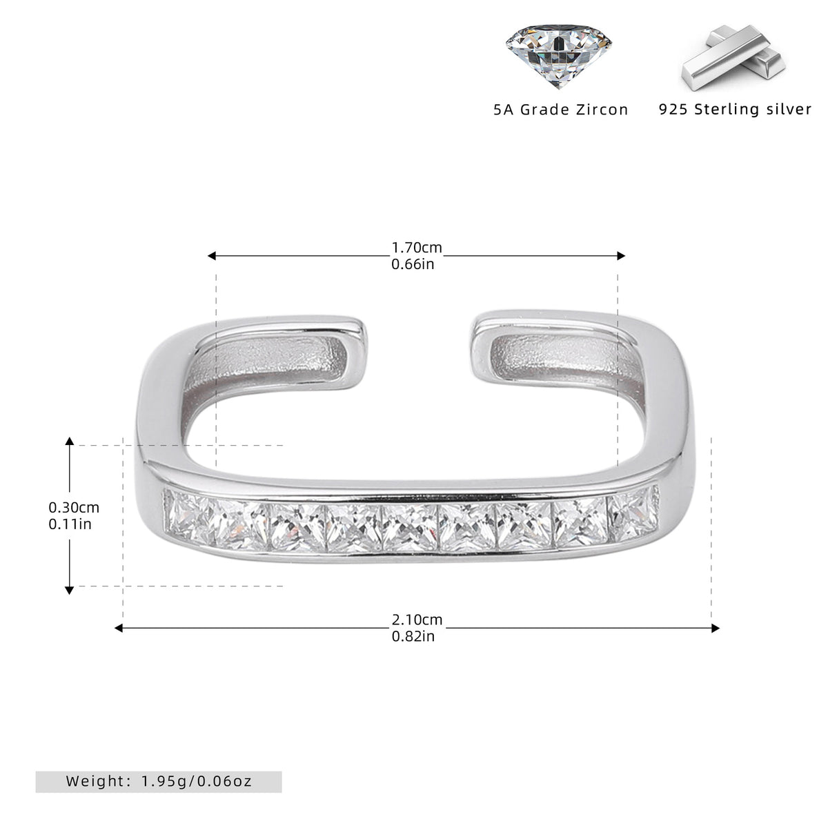 S925 sterling silver exquisite open ring set with square zircon stones