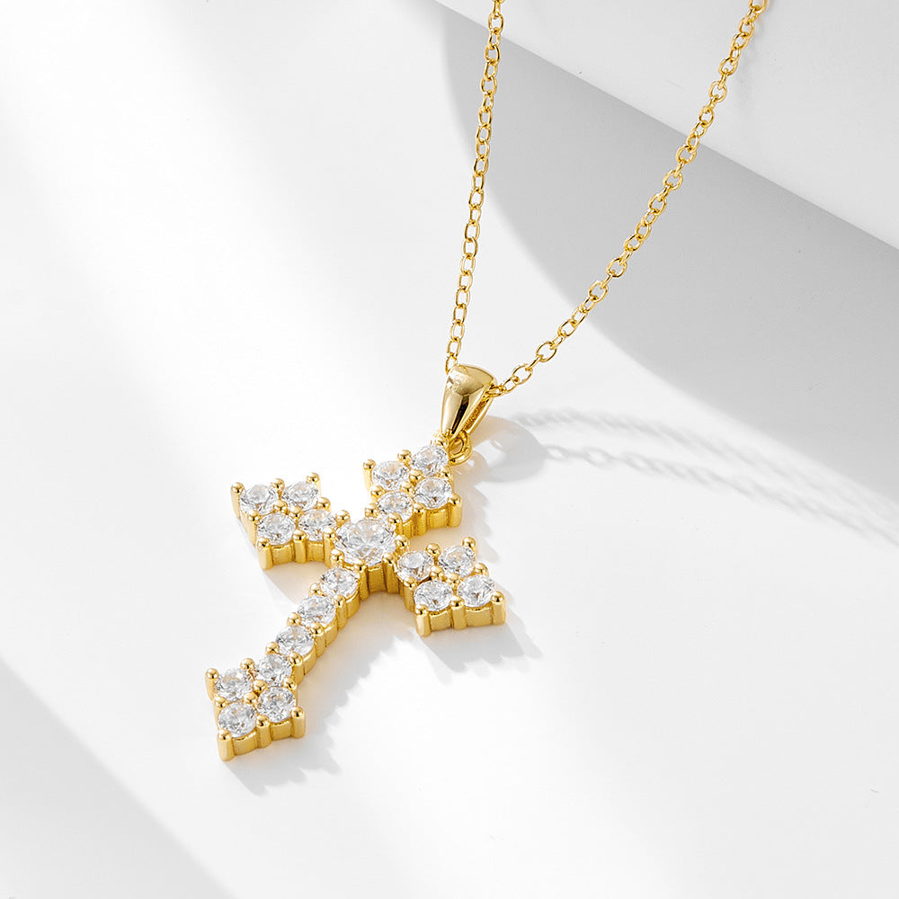 S925 Sterling Silver Cross Full Zircon Inlaid Pendant Necklace