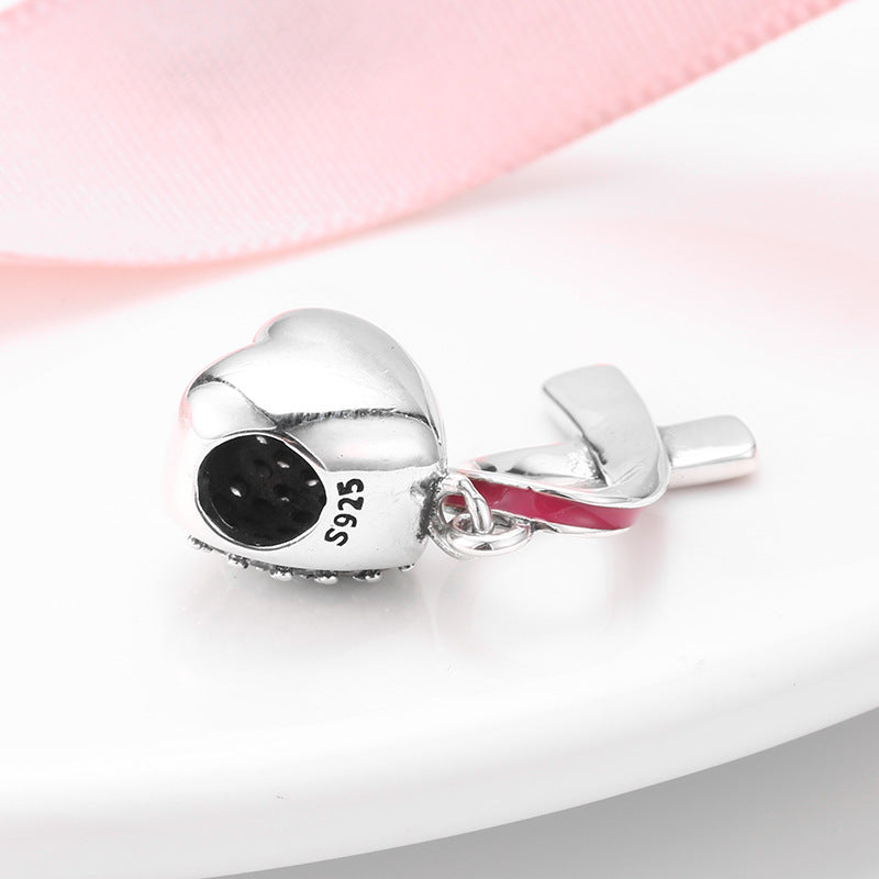 S925 Sterling Silver Red Ribbon Heart Shape Zircon Pendant