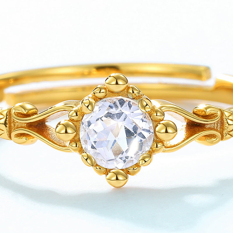 S925 Sterling Silver Gold-Plated Vintage White Crystal Ring