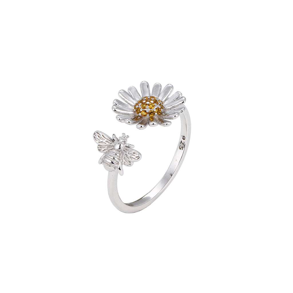 S925 Sterling Silver Creative Personalized Sunflower Bee Zirconia Ring